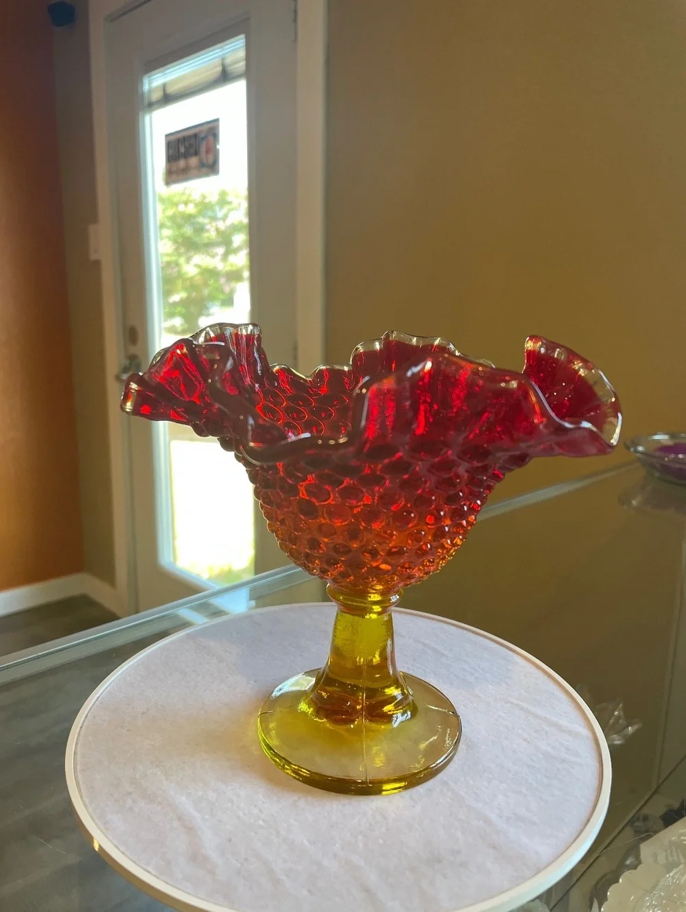 Vintage Fenton Amberina Hobnail Compote UV Reactive Ruffled Pedestal
